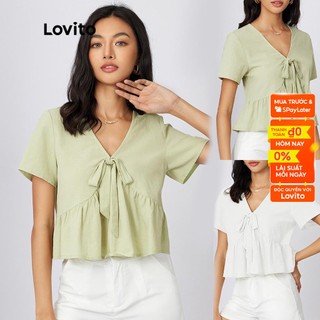 Lovito Áo sơ mi trơn màu trơn giản dị Mặt trước có bèo nhún L21AS003 (Màu xanh lá cây nhạt)