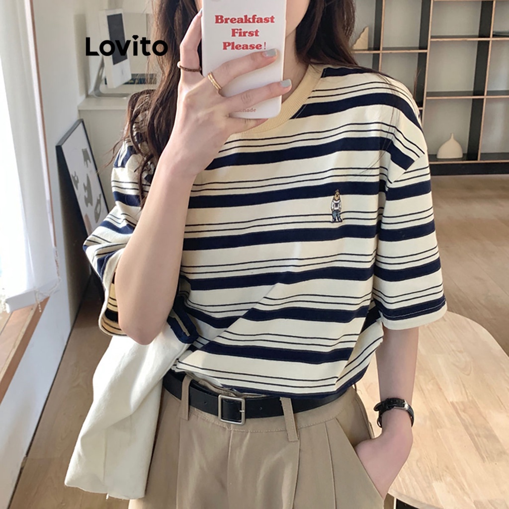 Áo thun nữ tay dài thun LOVITO thêu hình gấu họa tiết sọc phong cách thường ngày cho nữ LNE27016 (màu mơ/ đen)