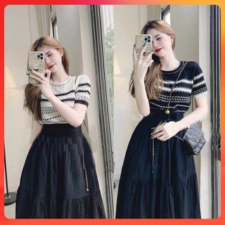  Áo len thun QC Montoghi cổ tròn họa tiết DƯƠNG XỈ tay ngắn