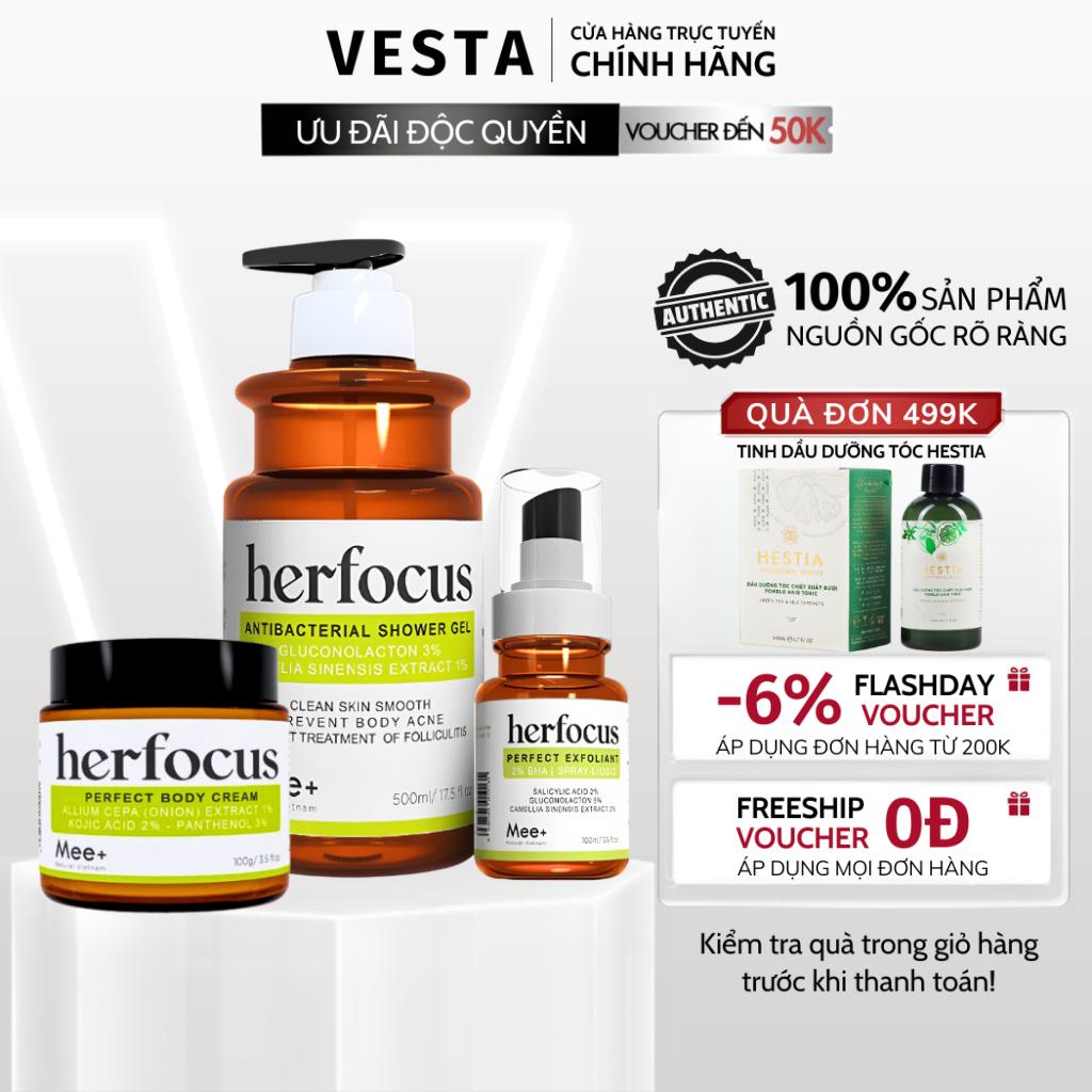 Xịt Viêm Nang Lông HERFOCUS + Sữa Tắm Viêm Nang Lông HERFOCUS + Kem Mờ Thâm Phục Hồi Viêm Lỗ Chân Lông Mee Natural BHA