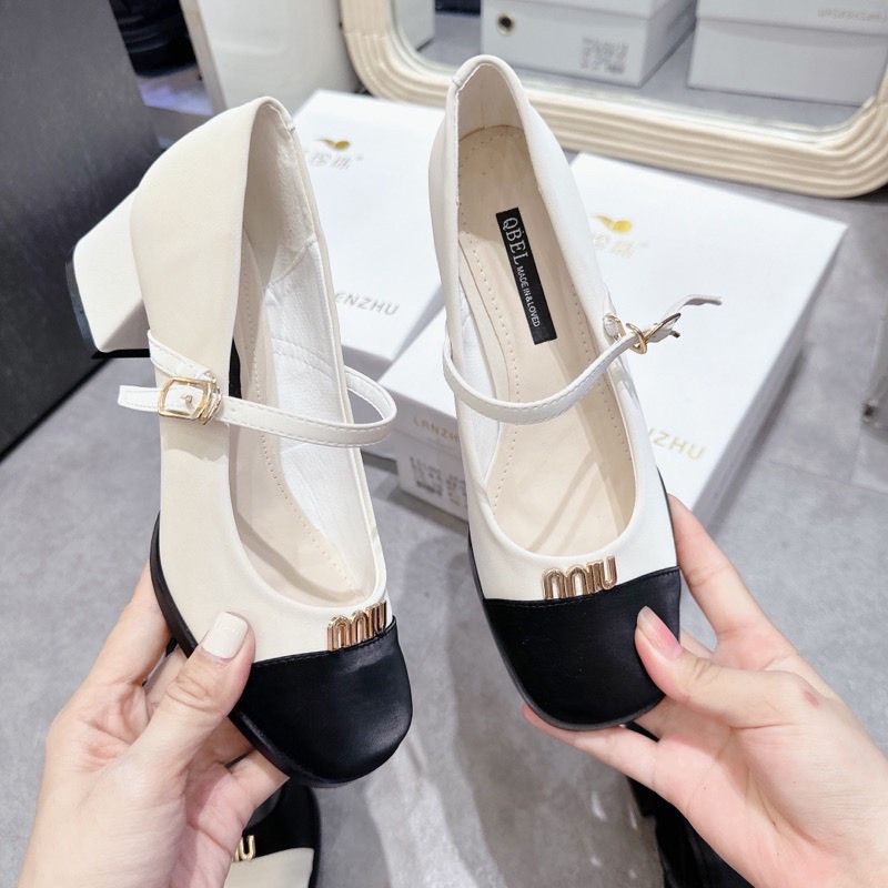 Giày Mary Jane nữ đế cao 5cm chất da lỳ mềm mịn cao cấp đính chữ Miu cực đẹp