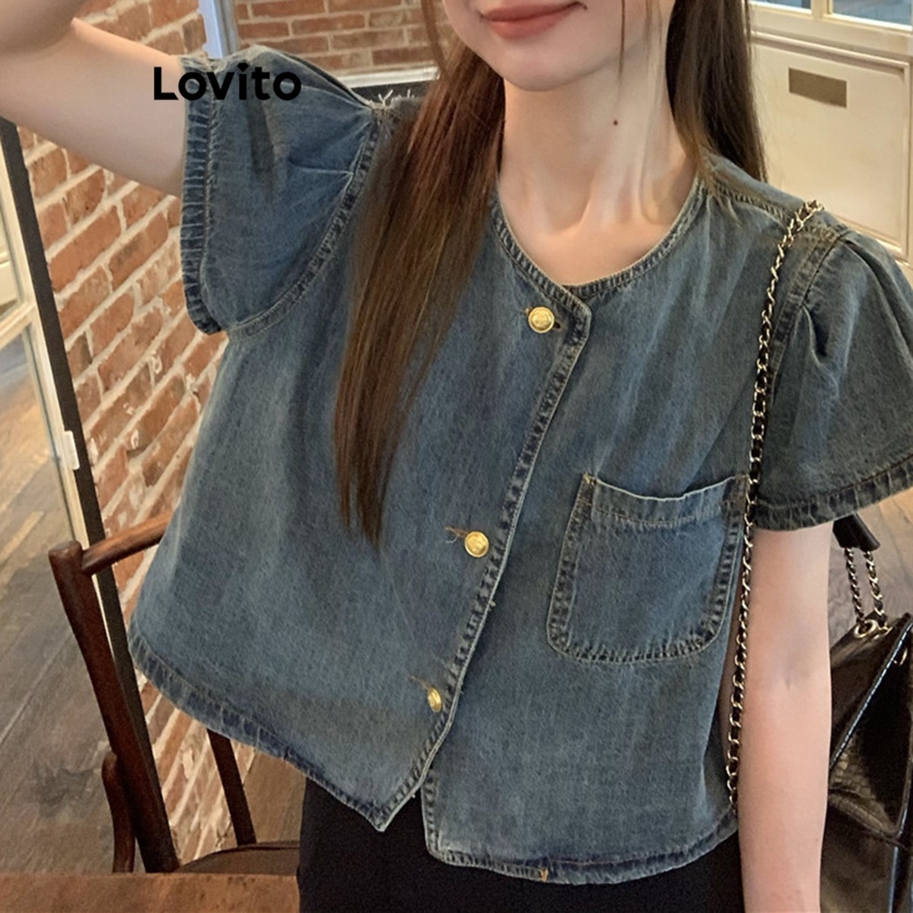 Áo denim Lovito cài nút màu trơn thường ngày cho nữ LNA21050 (màu xanh dương)
