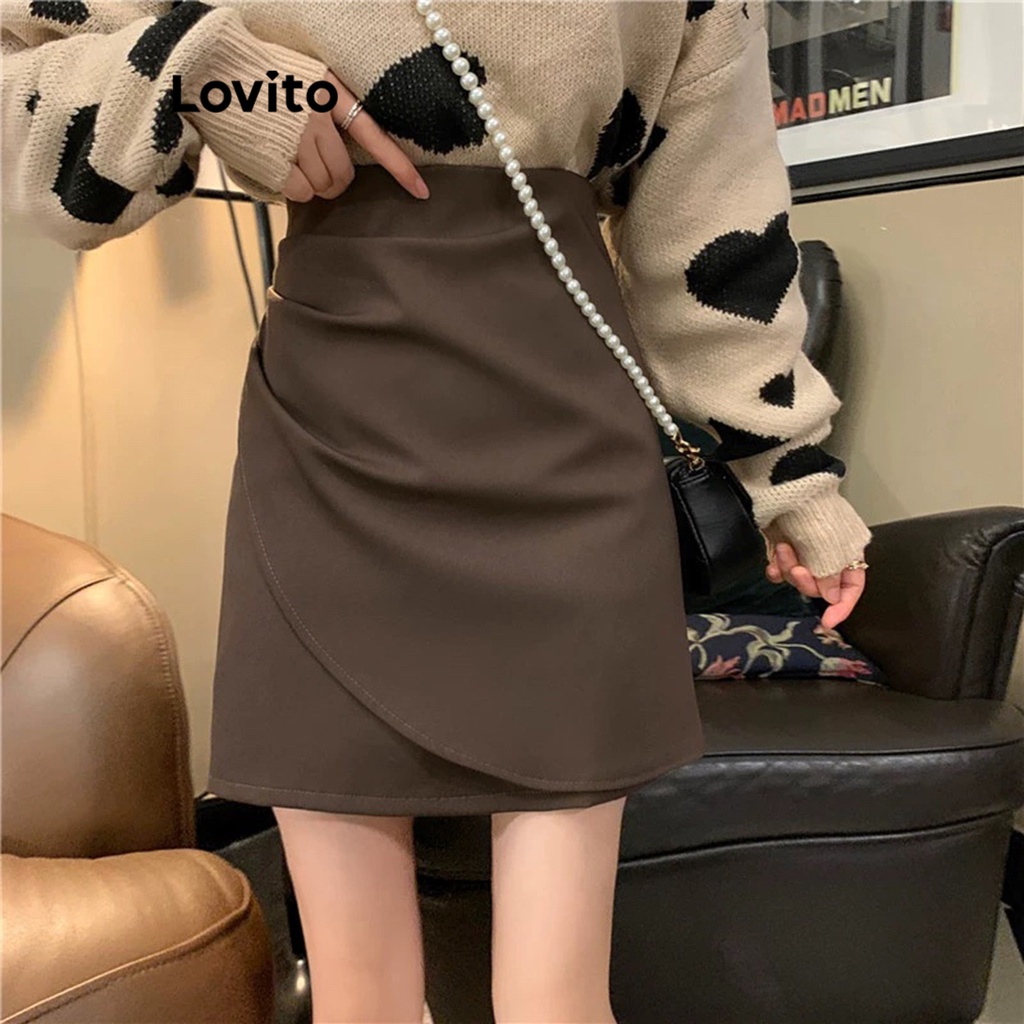 Lovito Váy Xếp Nếp Trơn Đơn Giản Cho Nữ LNE34145 (Cà Phê)