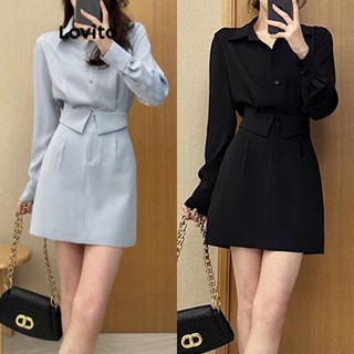 Váy tay dài thu đông nữ Lovito Đầm công sở suông giả 2 trong 1 có nút phía trước dài tay dành cho nữ LNE27009 (Màu xanh đen)