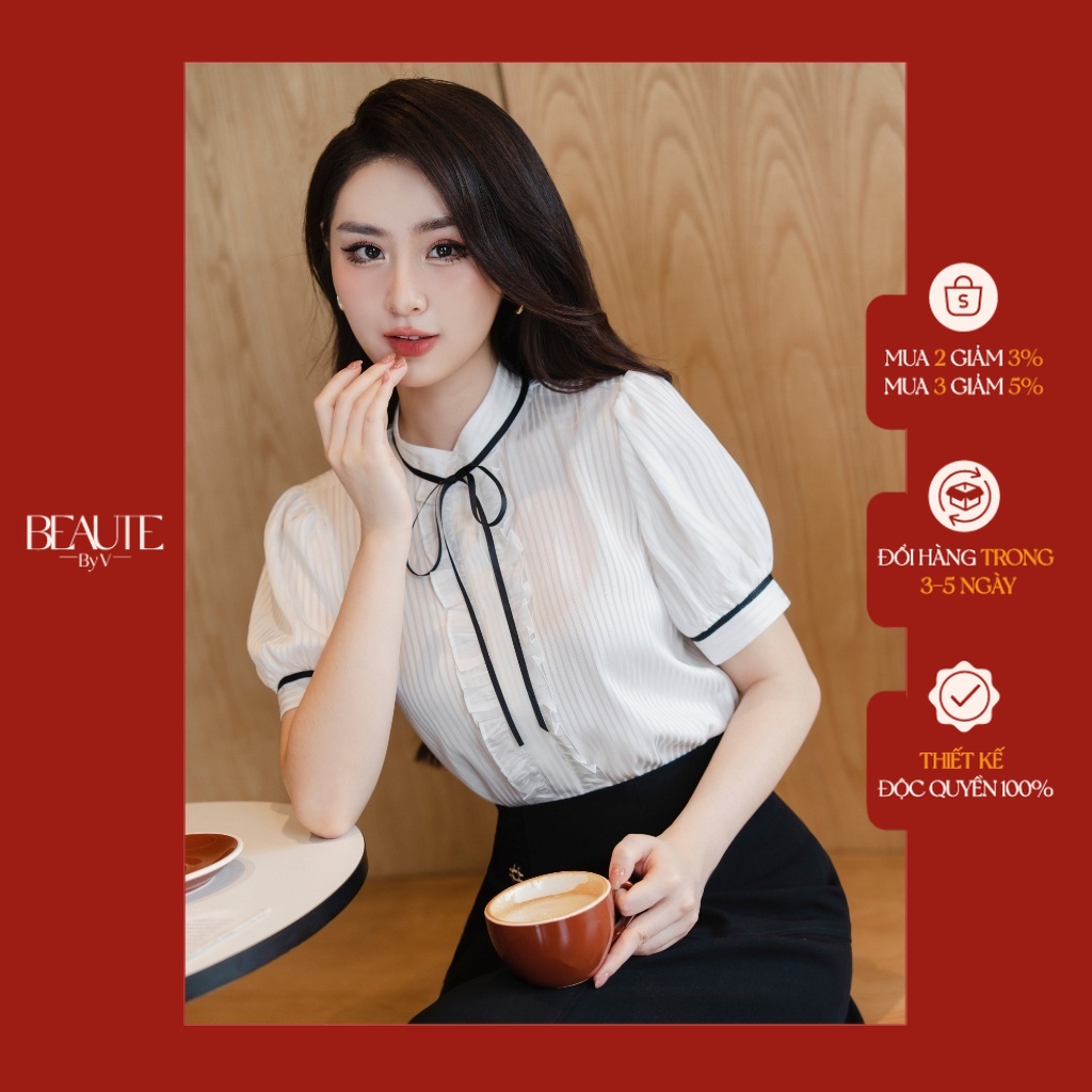 BEAUTEBYV - Áo sơ mi sọc phối ribbon Julia