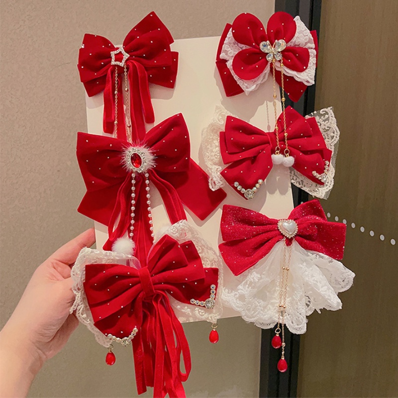 Kẹp Tóc Nơ Tua Rua Đỏ Phong Cách Trung Hoa Dễ Thương Thời Trang Cho Bé Gái