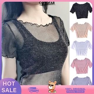 Áo crop top Tay Ngắn Cổ Tròn Phối Lưới Xuyên Thấu Lấp Lánh Phong Cách Đường Phố