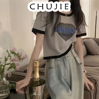 CHUJIE áo thun nữ croptop áo phông áo cổ tim áo crt  áo Thun Croptop Kiểu Hàn thoải mái bông Mẫu mới nămc TXS16Z23041305
