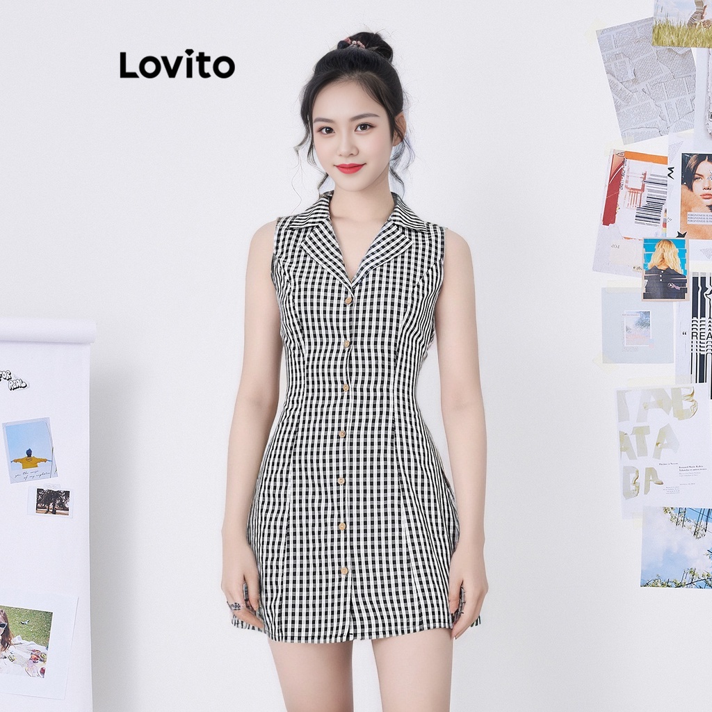 Đầm Lovito phối nút họa tiết caro thời trang phong cách thường ngày cho nữ L59ED120 (Trắng Đen)