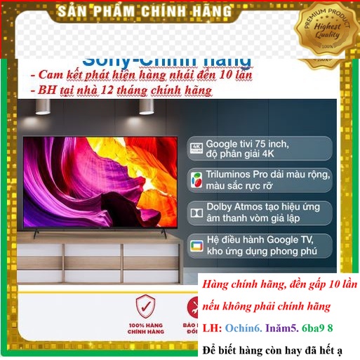 SALE_ Smart Tivi Sony 75 Inch 4K UHD KD-75X86J &lt; Chính hãng BH:24 tháng tại nhà toàn quốc&gt; - Mới 100%