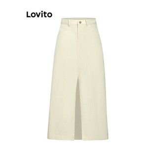 Chân váy denim Lovito phối túi màu trơn xẻ tà phong cách thanh lịch cho nữ L59ED009 (Trắng ngà)