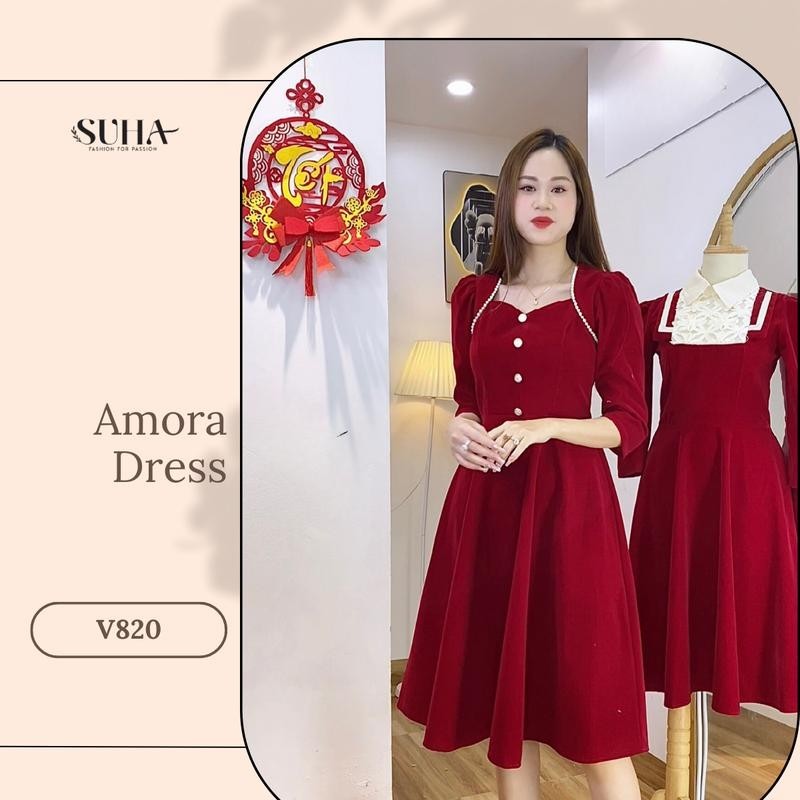 Amora Dress V820 Váy nhung thiết kế dáng xòe che khuyết điểm, vải lỳ ko xù- SUHA Fashion Nữ Đầm Wome