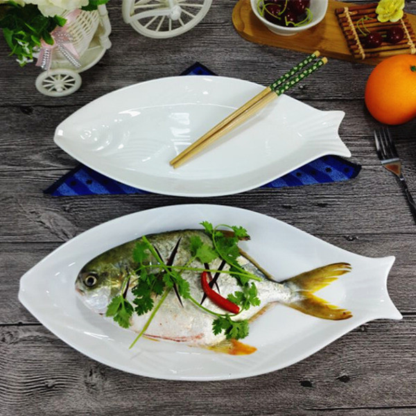 Đĩa Cá bằng gốm đĩa Cá hấp đĩa Cá đĩa Cá ngọc trai Bộ đồ ăn khách sạn gia dụng sáng tạo màu trắng đĩ