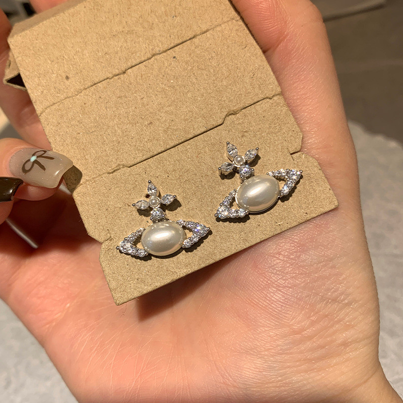 Westwood VIVIENNE Hình Bầu Dục Ngọc Trai Bông Tai Lấp Lánh Chữ Thập Marquise Kim Cương Hành Tinh Bôn