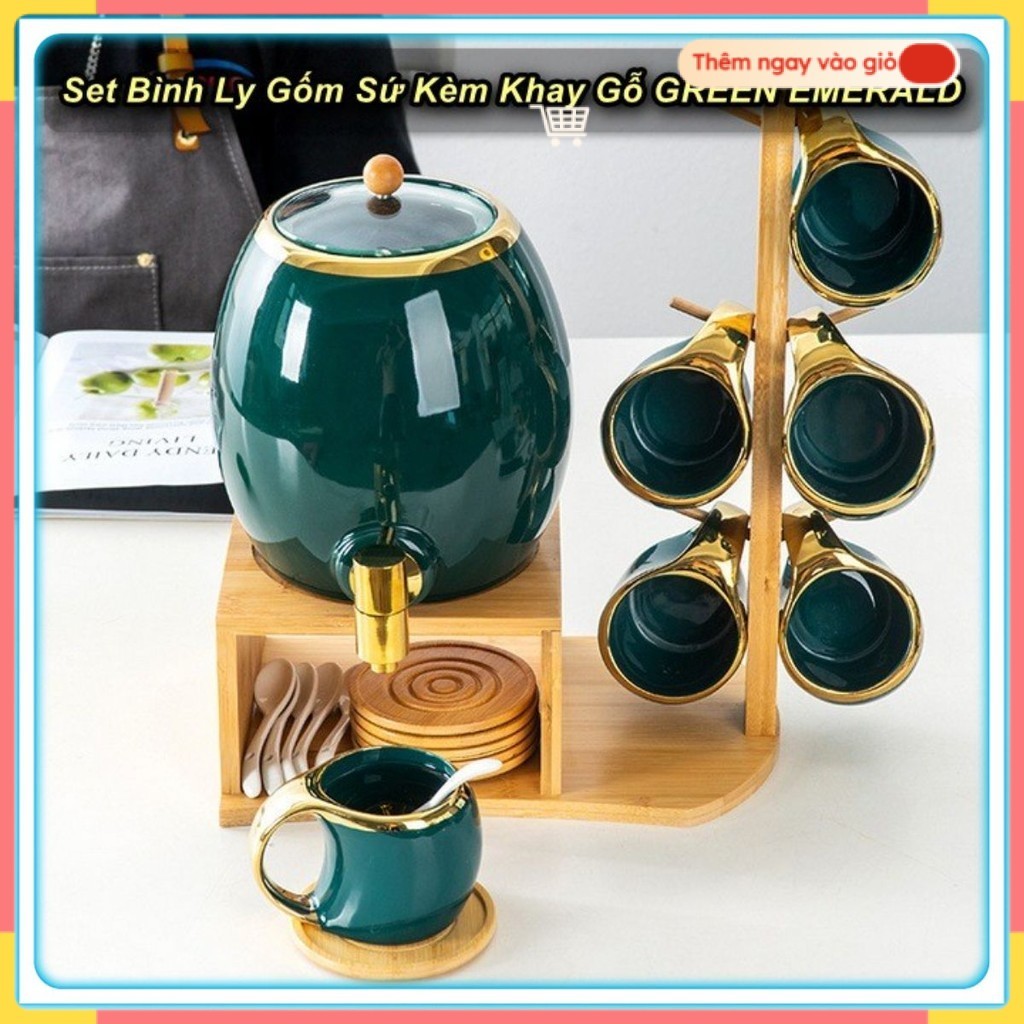 Set Bình Ly Gốm Sứ Kèm Khay Gỗ GREEN EMERALD Cao Cấp ☘️Green Home☘️