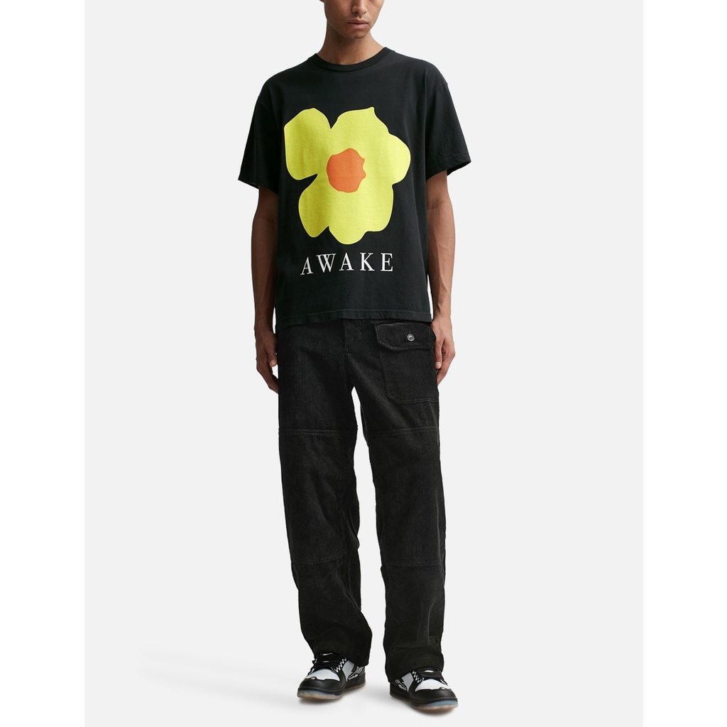 Awake Áo Thun cotton Tay Ngắn Cổ Tròn Dáng Rộng In Hình Hoa Màu Đen Thời Trang Mùa Hè Cho Nam