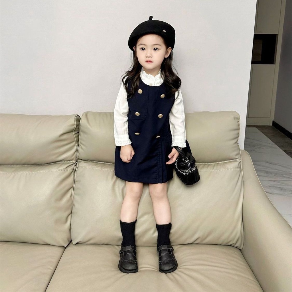 Set Áo Sơ Mi Tay Phồng + Váy Yếm Phong Cách Hàn Quốc Thời Trang Mùa Thu Mới Cho Bé Gái