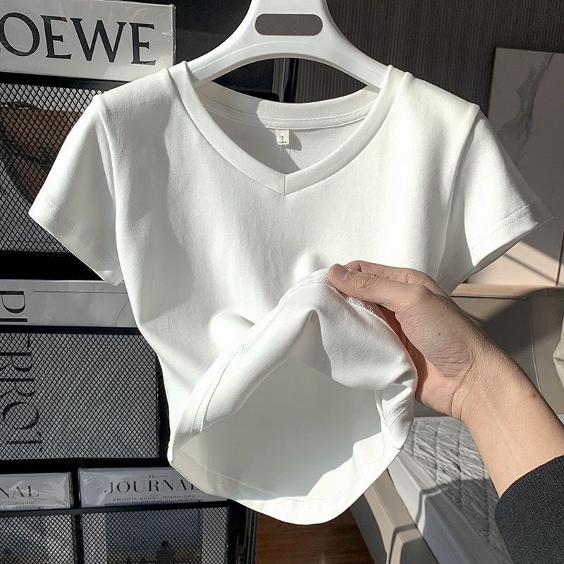 Áo Thun cotton Ngắn Tay Cổ Chữ v Thiết Kế Mới Mùa Hè Cho Nữ