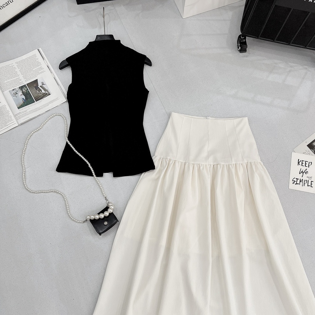 Set áo zip mix chân váy dài xoè siêu xinh phong cách hàn quốc