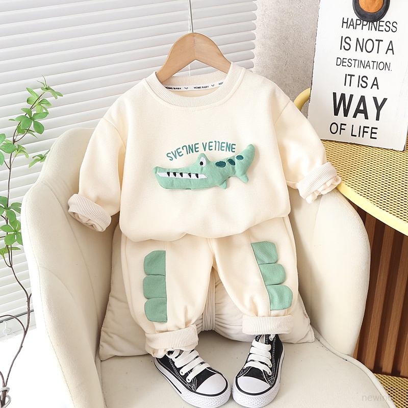 Set Áo Hoodie In Hình Cá Sấu Hoạt Hình + Quần Dài Phong Cách Hàn Quốc Cho Bé