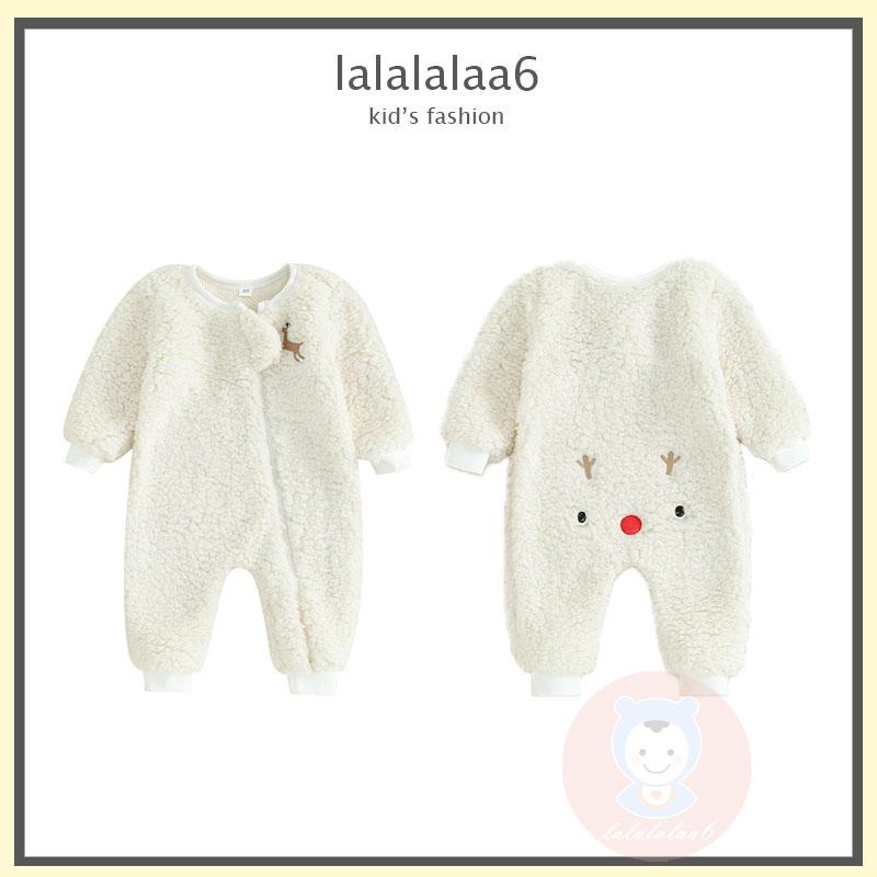 Laa6-baby Áo Liền Quần Dài Tay Cổ Tròn Thêu Hình Hươu Có Khóa Kéo Giáng Sinh