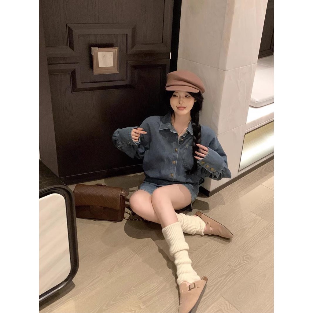 Set Áo Khoác Jeans Dài Tay + Chân Váy Jeans Thời Trang Hàn Cho Nữ 3n