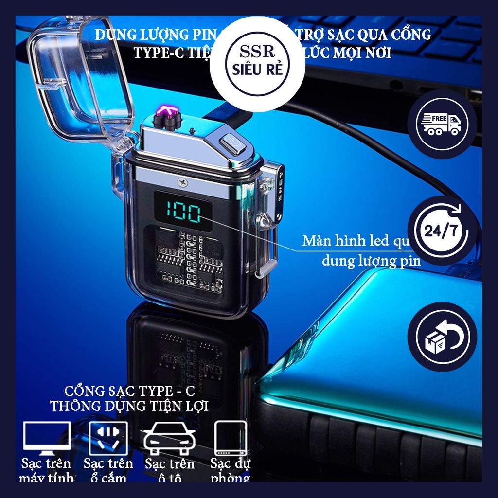 Hộp quẹt điện tử trong suốt tạo tia lửa plasma 4 tia, pin 220mA chống nước tích hợp màn hình led quản lý dung lượng pin