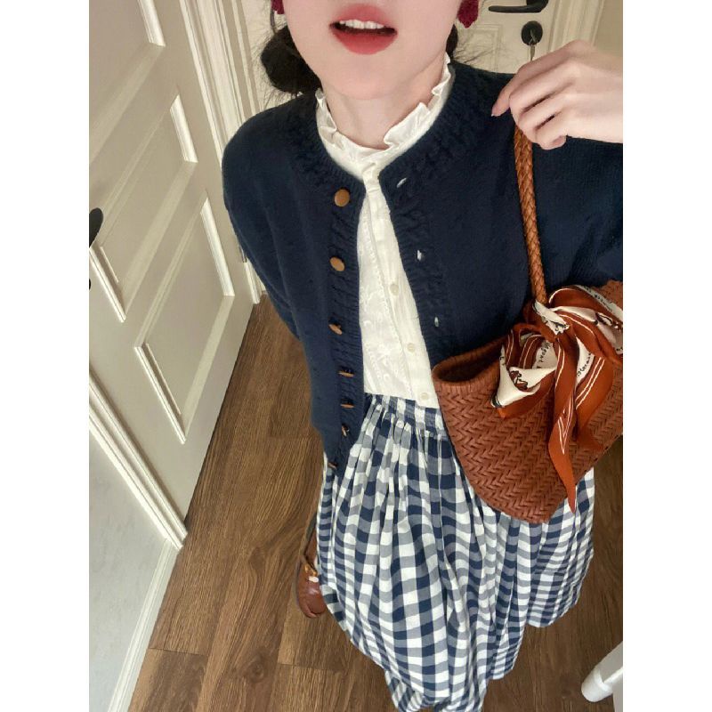 Set Áo Khoác cardigan Dệt Kim + Chân Váy Caro Phong Cách Hàn Quốc Cho Nữ