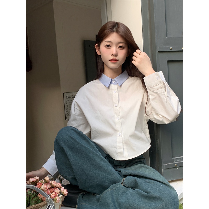 Mới Áo Sơ Mi Tay Dài Phối Màu Tương Phản Thời Trang Cho Nữ