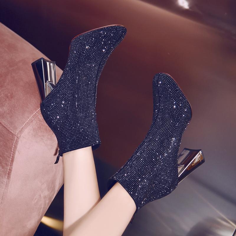 Giày Bốt martin Gót Dày Mũi Vuông Đính Đá Thời Trang Thu Đông Hàn Quốc Mới 2023