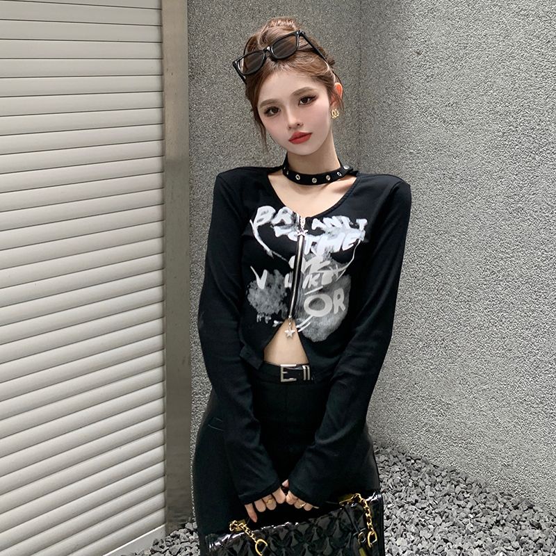 Áo Thun Tay Dài Ôm Dáng Ngắn Hở Lưng Thời Trang Mùa Thu Dễ Phối Đồ Cho Nữ