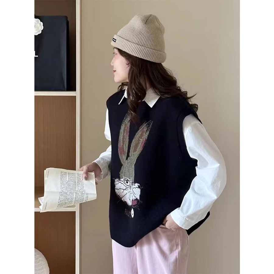 Áo Dệt Kim Sát Nách Dáng Rộng In Họa Tiết Hoạt Hình Thời Trang Mùa Thu Cho Nữ