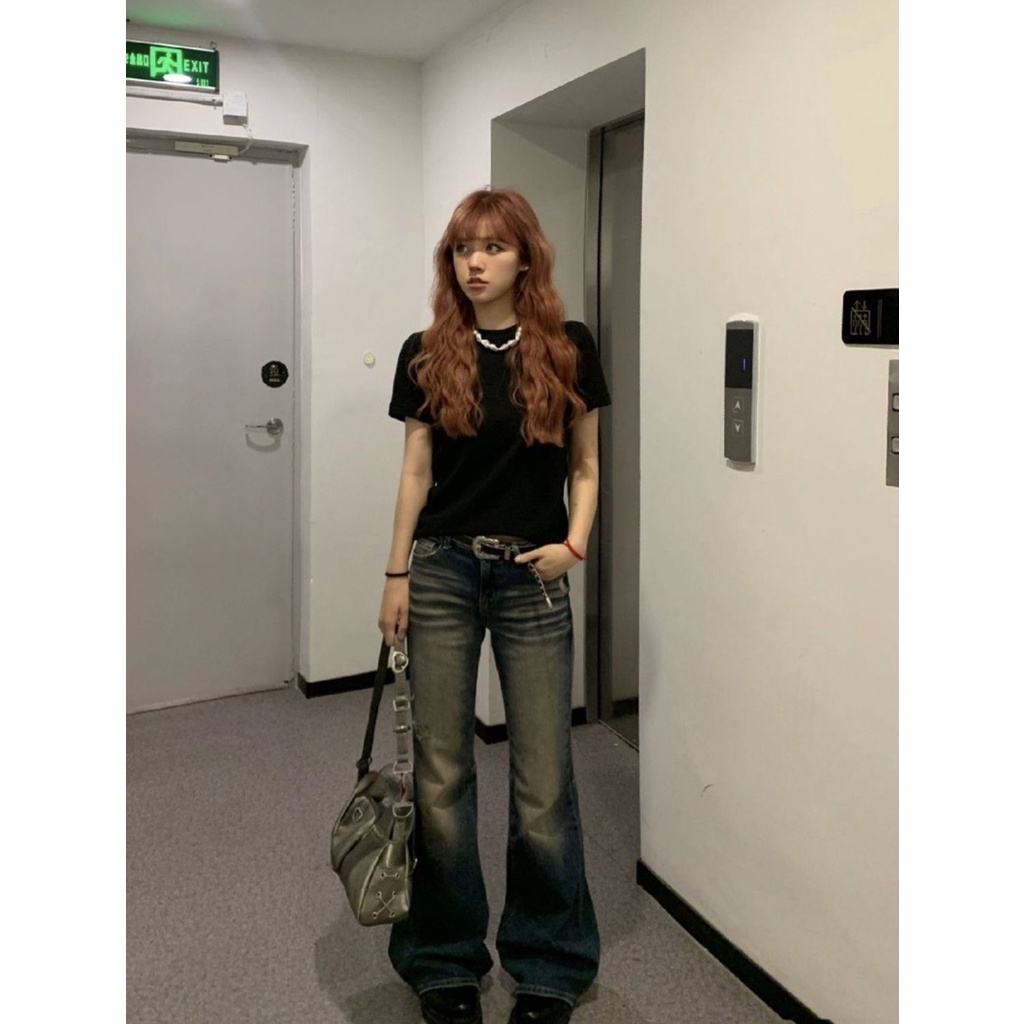 Thiết Kế Quần denim Dài Ôm Dáng Xếp Nếp Eo Thấp Xuyên Thấu retro Cho Nữ