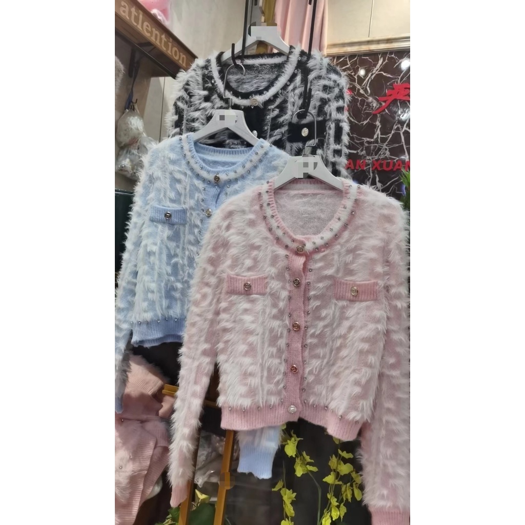 Áo cardigan len lông FF đính đá hàng QC 3 màu