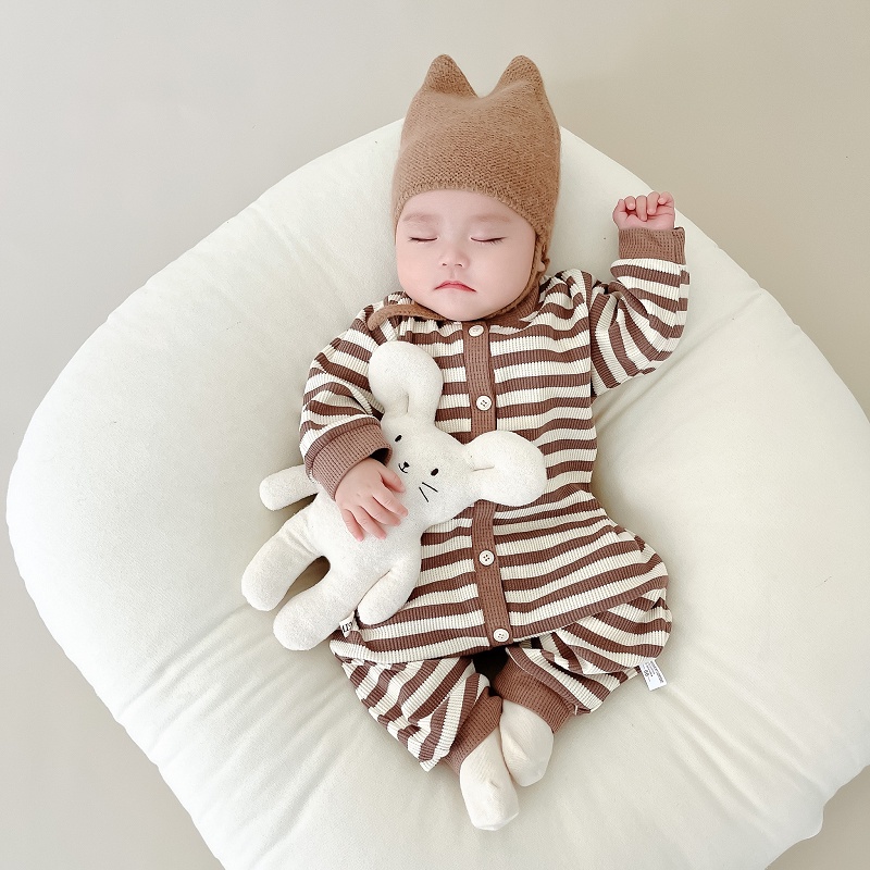 Bộ Áo Liền Quần Cotton Tay Dài Dáng Rộng Họa Tiết Kẻ Sọc Thời Trang Xuân Thu Phong Cách Hàn Quốc Cho Bé Trai 0-2 Tuổi