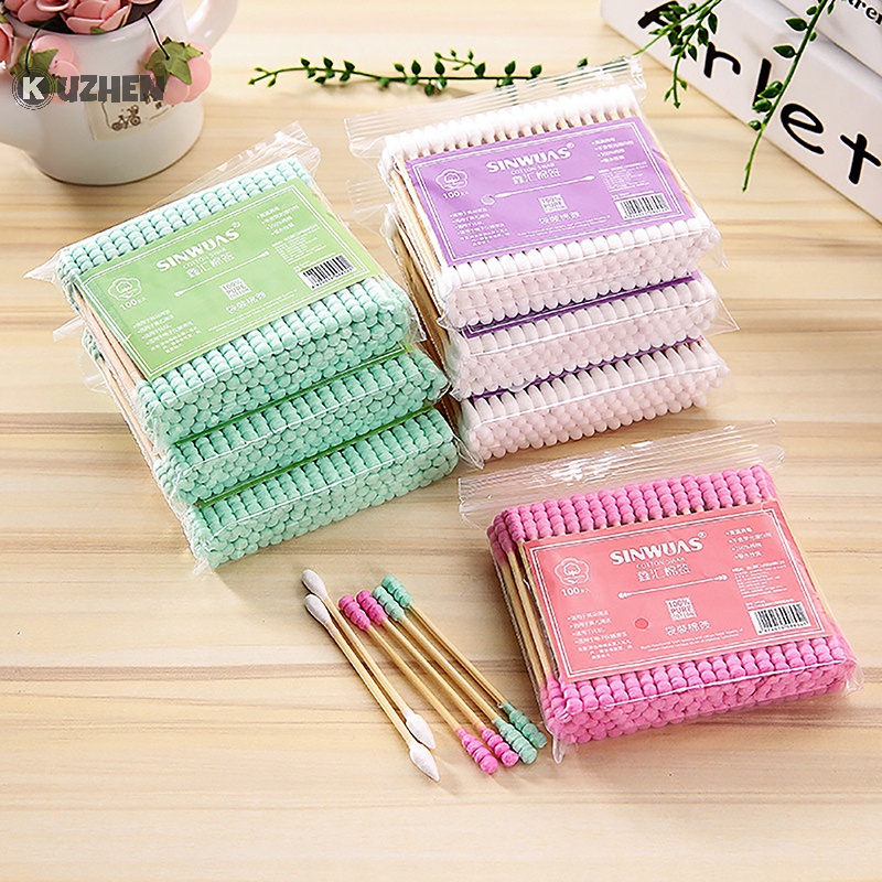 Kuzhen Set 100 Tăm Bông cotton Hai Đầu Dùng Để Vệ Sinh Tai / Mũi / Lỗ Tai Chăm Sóc Sức Khỏe Cho Nữ