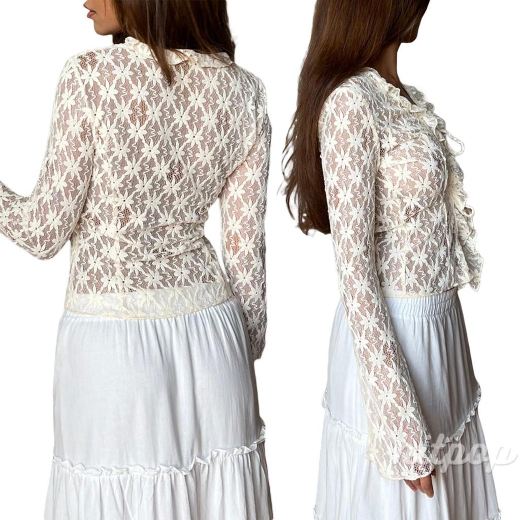 Áo Croptop Ren Hoa Xuyên Thấu Tay Dài Quyến Rũ Cho Nữ
