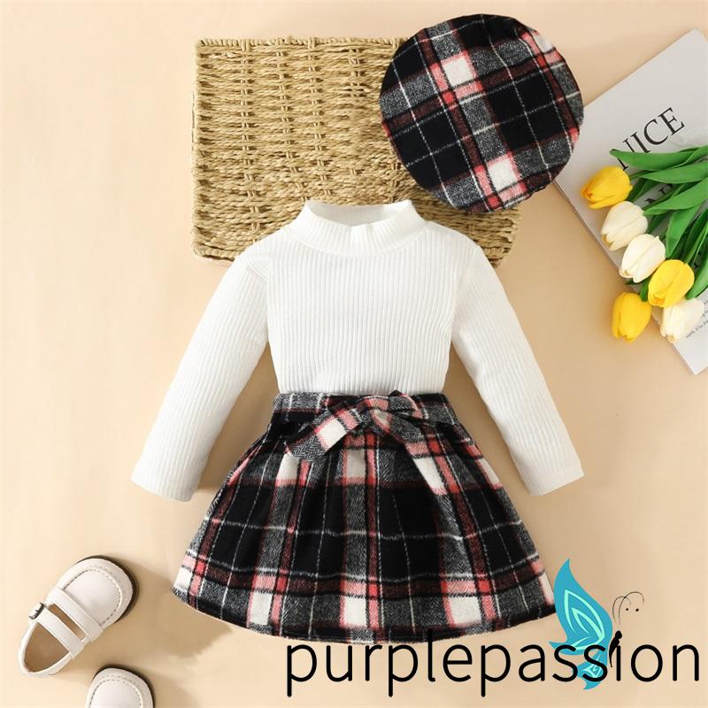 Purplepassion set Đồ 3 Món Gồm Áo Tay Dài Màu Trơn Có Gân Kẻ Sọc Caro Và Chân Váy Thời Trang Cho Bé Gái
