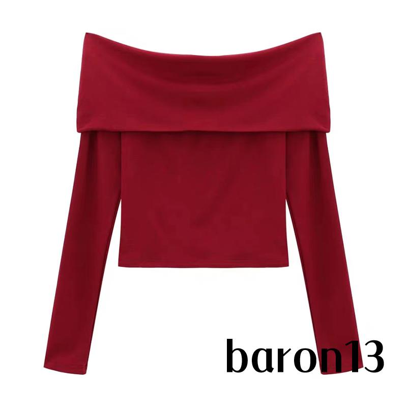 Xo8k-áo Thun Tay Dài Trễ Vai Màu Trơn Ôm Dáng Gợi Cảm Cho Nữ