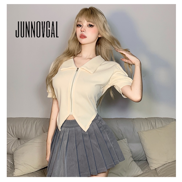 Áo sơ mi kiểu JUNNOVGAL khóa zip mỏng thời trang ngọt ngào mát mẻ 2023 cho nữ