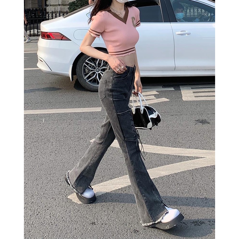 Quần Jean Ống Loe Lưng Cao Xẻ Tà Màu Đen Xám mav5 Thời Trang 2023 Cho Nữ