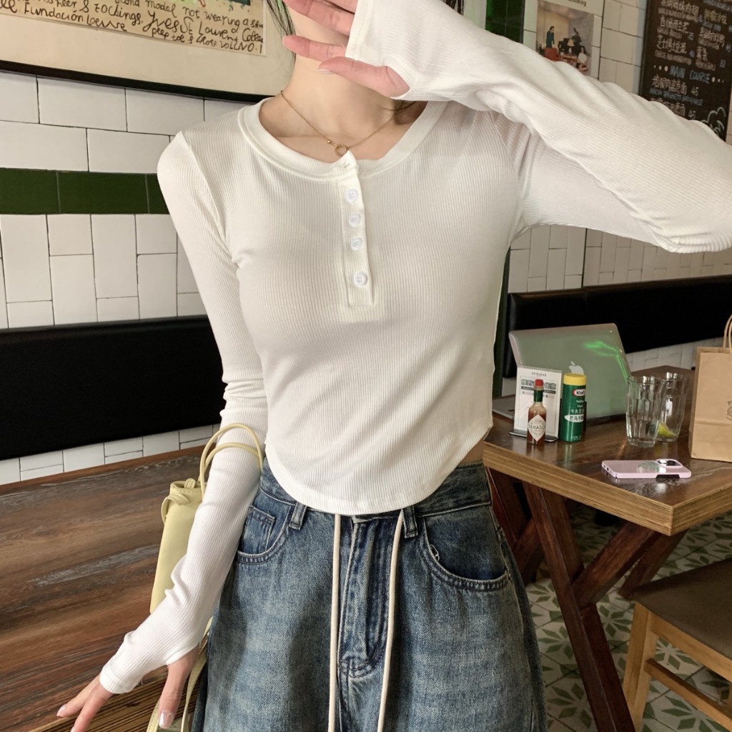 Áo kiểu vạt bầu ,Áo thun body nữ dài tay len tăm cổ tròn bo eo phối cúc túi ngực đuôi tôm