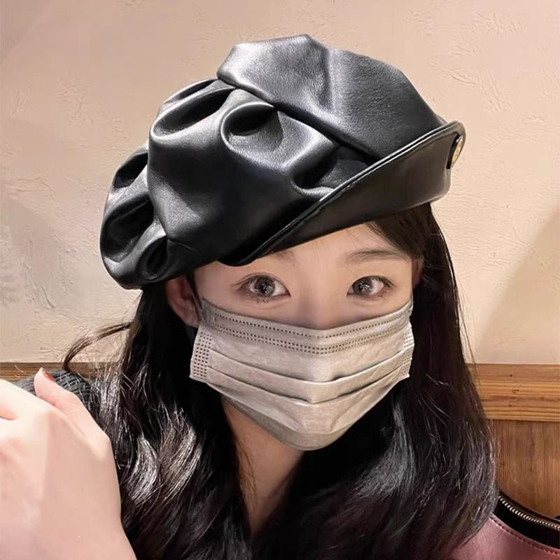 Mũ beret Da Màu Đen Xếp Ly Phong Cách retro Hàn Quốc Dễ Phối Đồ Cho Nữ