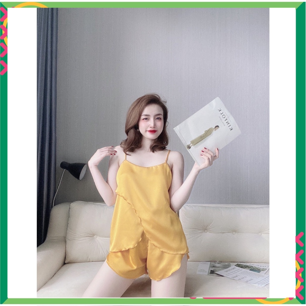 đồ bộ ngủ nữ, bộ đổ ngủ mặc nhà quần đùi vải satin freesize 54kg - cn117