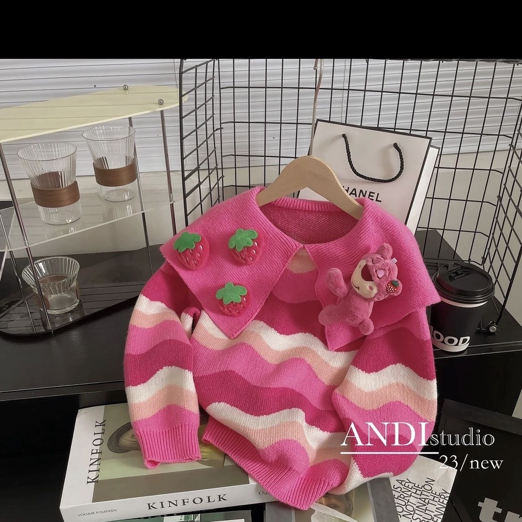Áo sweater Dệt Kim Cổ Búp Bê Gấu Hoạt Hình Dễ Thương Thời Trang Thu Đông 2023 Cho Bé Gái 2023