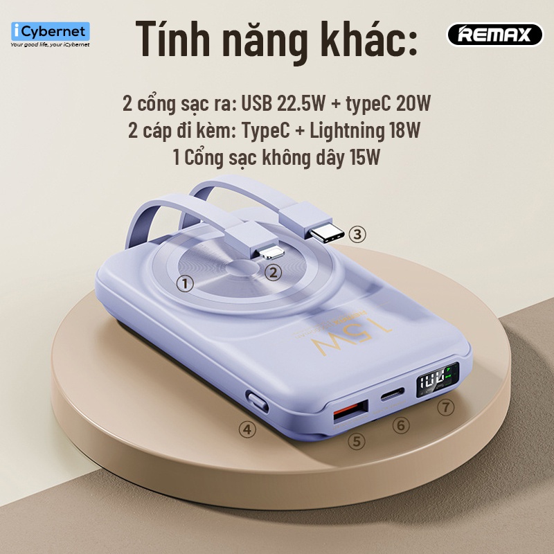 Sạc dự phòng không dây mini sạc nhanh 15W tích hợp dây Remax 10000mah Rpp - 281 chính hãng