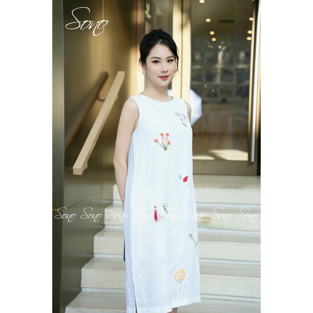 SONO - Đầm linen navy thêu toàn thân