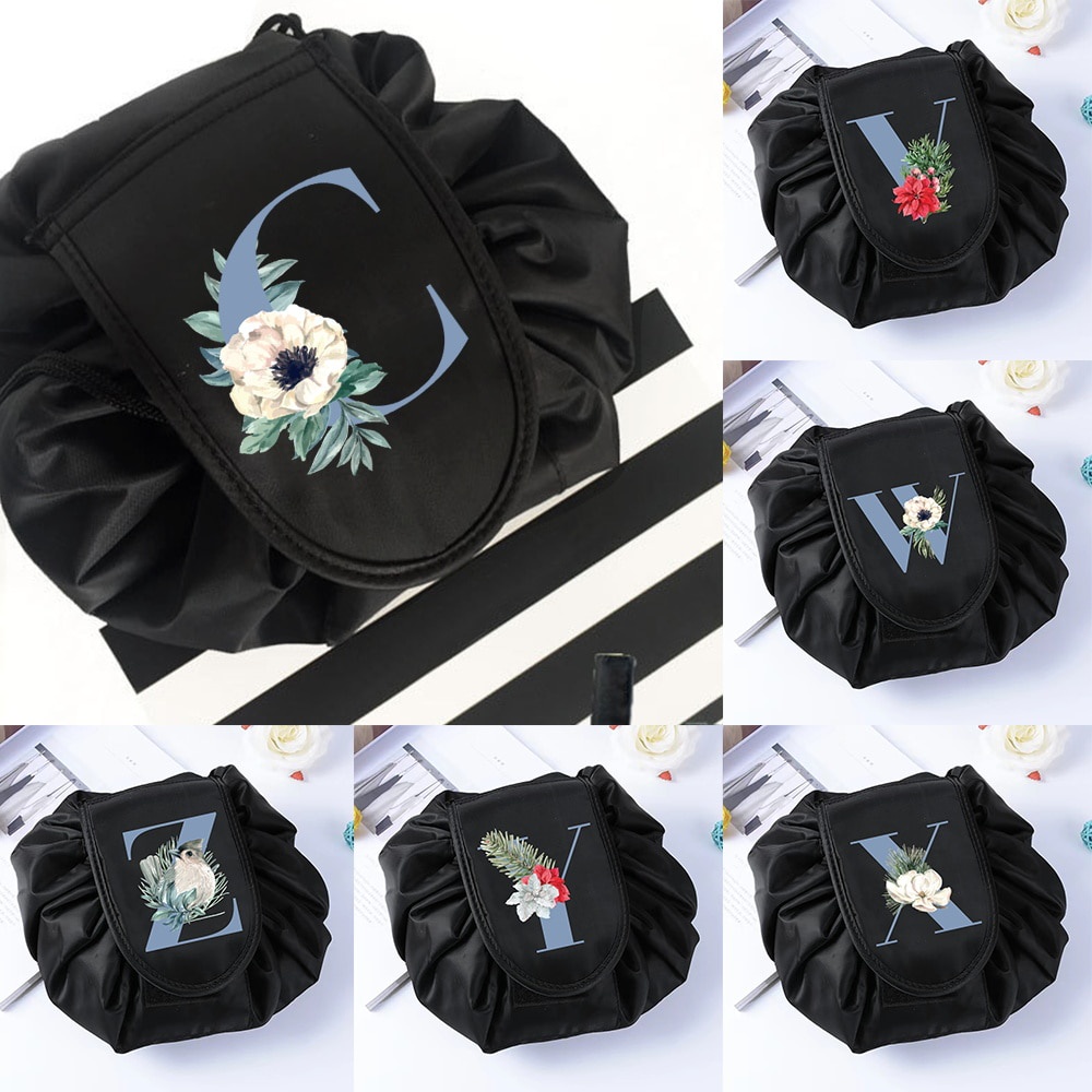 Women Drawstring Cosmetic Bag Travel Storage Makeup Bag Organizer Make Up Pouch Portable Blue Letter