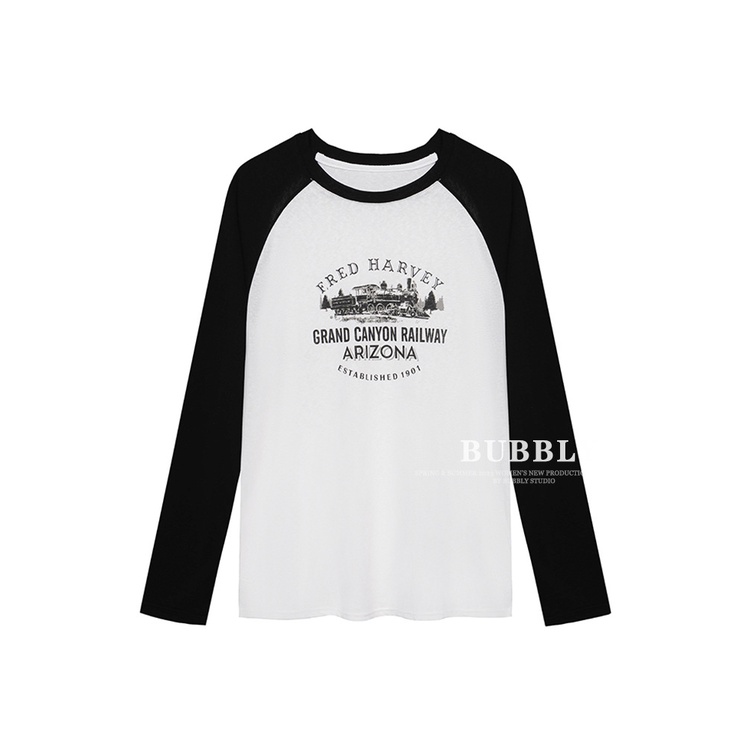 Áo Thun Tay Dài Cổ Tròn In Chữ Màu Sắc Tương Phản Thời Trang Thu Đông Cho Nữ