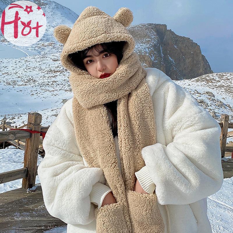 Jr Set 1 Món Nón Khăn Choàng Găng Tay Và Khăn Choàng Cổ 3 Trong 1 Chống Gió Giữ Ấm Mùa Đông Hình Tai Gấu Dễ Thương vn